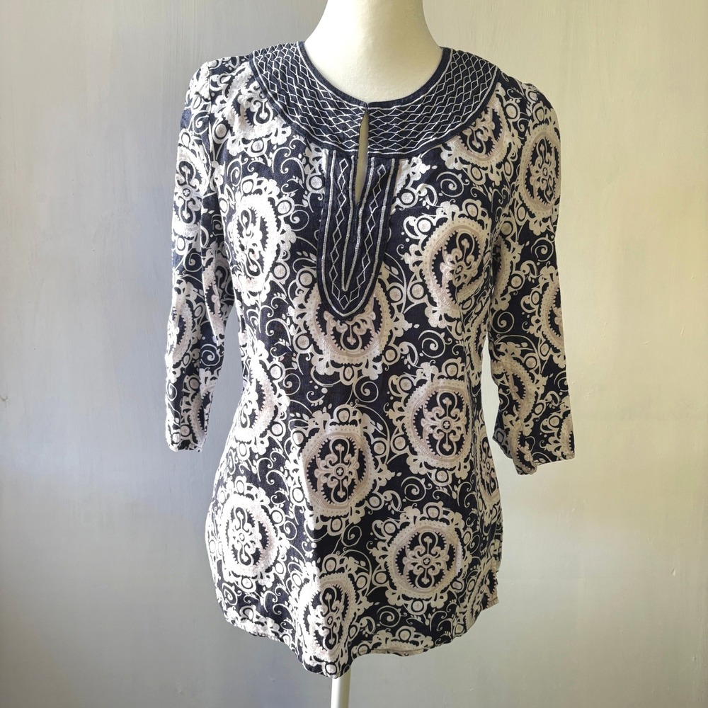 Carole Little Paisley Print Top 3/4‎ Sleeve Round Neck Ladies Size S Linen Blend